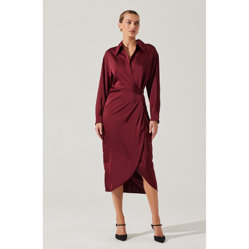 ASTR the Label Ira Satin Wrap Shirt Dress S Wine Midi Autumn Wedding Guest NWT